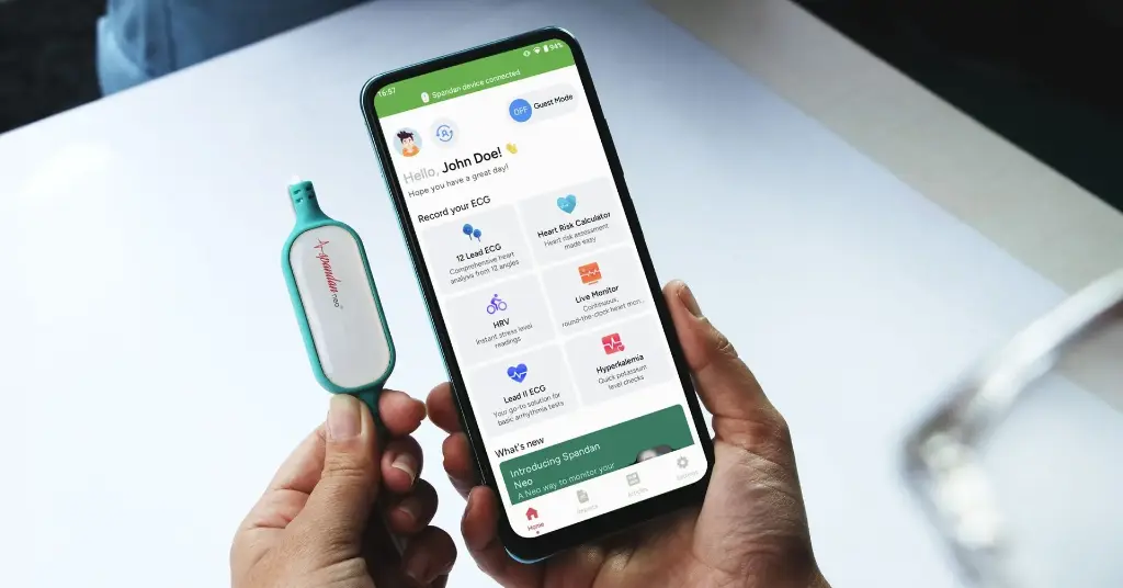 Sunfox Spandan Neo | ECG Device | Heart Rate Monitor | Detects AFib & Irregular Arrhythmias | Portable Mini ECG Machine for Home Use | Reports in 10 sec | 12 Lead ECG with 3 Leads